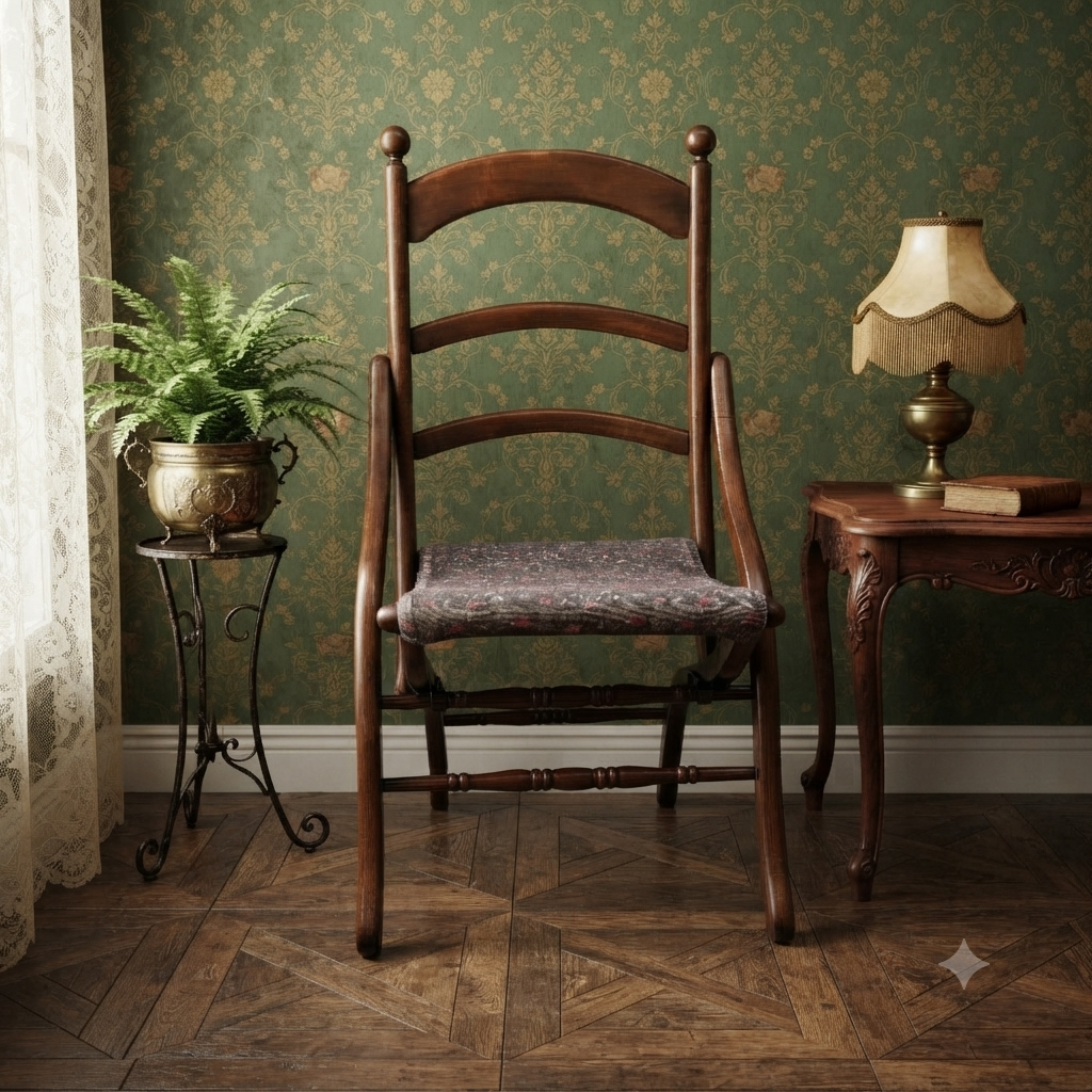 Antique Victorian Eastlake Folding Campaign Chair — Turned Wood & Tapestry Seat