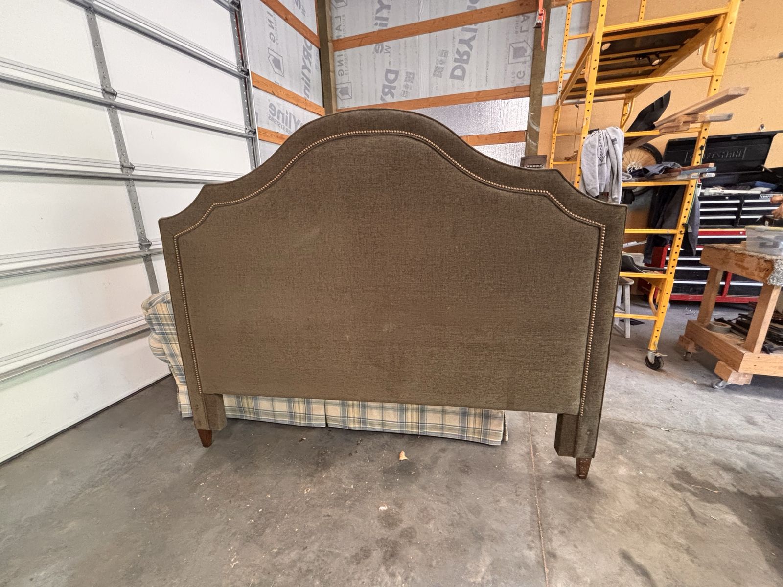 Upholstered king Size Headboard - Green Fabric with Nailhead Trim