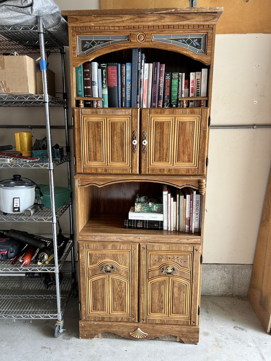 Tall Narrow 32” Wide Library Cabinet Kitchen microwave Hutch Organizing Storage w/ Lighted Display & Stained Glass accents
