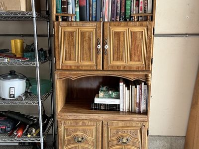 Tall Narrow 32” Wide Library Cabinet Kitchen microwave Hutch Organizing Storage w/ Lighted Display & Stained Glass accents