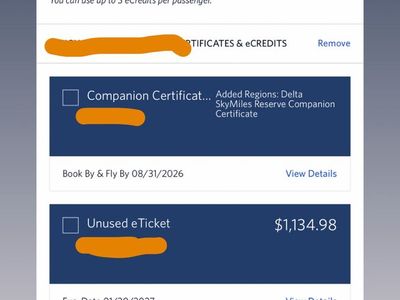 Delta SkyMiles Reserve Companion Certificate & $1134.98 eTicket - Exp. 2026/2027