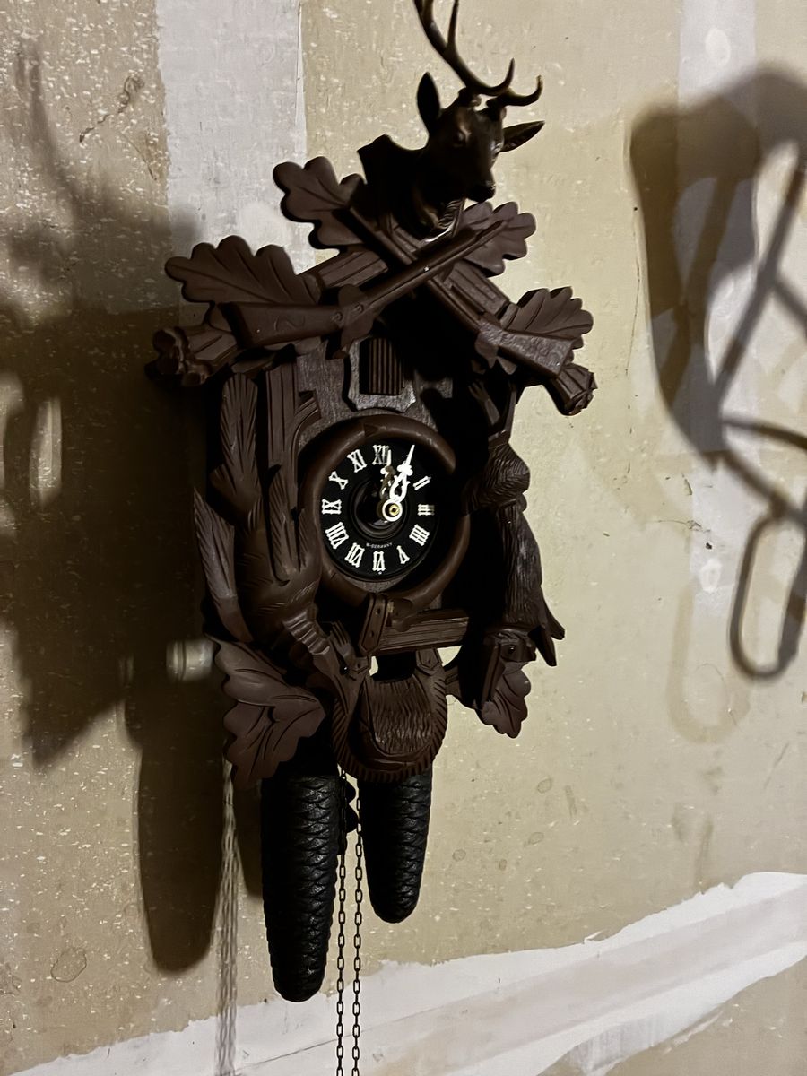 Vintage German Cuckoo Clock, Traditional Black Forest Design, Deer & Rifles Motif, Pinecone Weights