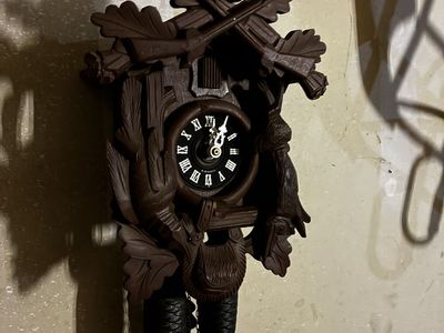Vintage German Cuckoo Clock, Traditional Black Forest Design, Deer & Rifles Motif, Pinecone Weights