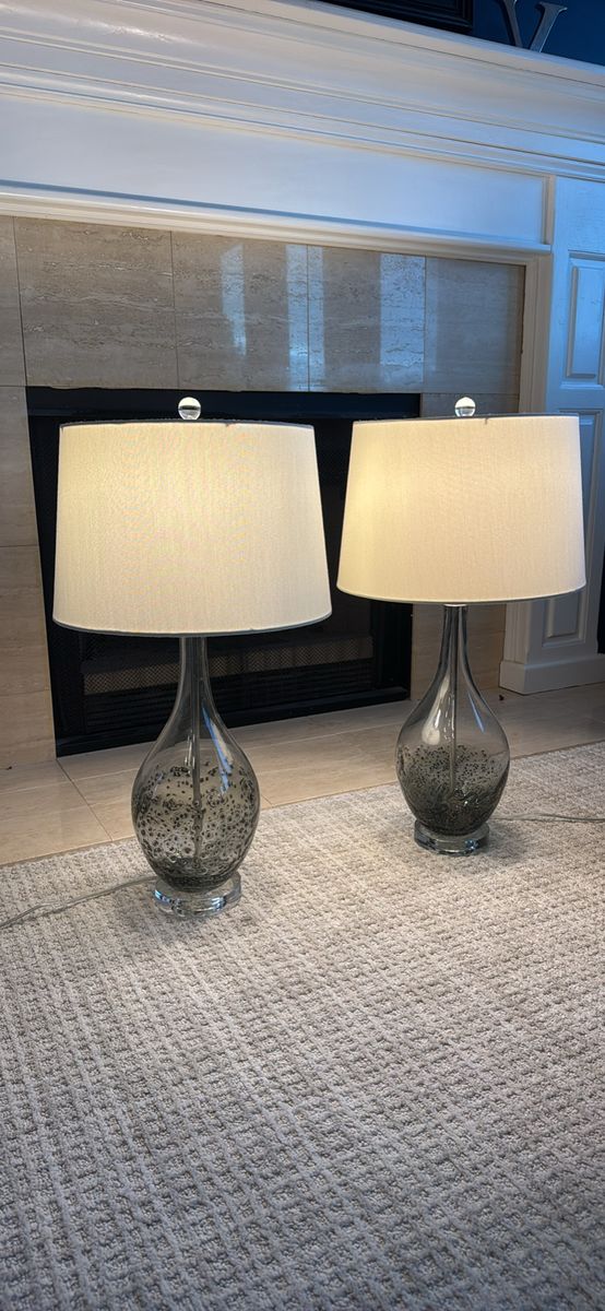 Pair of Modern Glass Table Lamps with Textured Bases & Fabric Shades - Excellent Condition