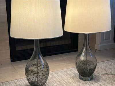 Pair of Modern Glass Table Lamps with Textured Bases & Fabric Shades - Excellent Condition