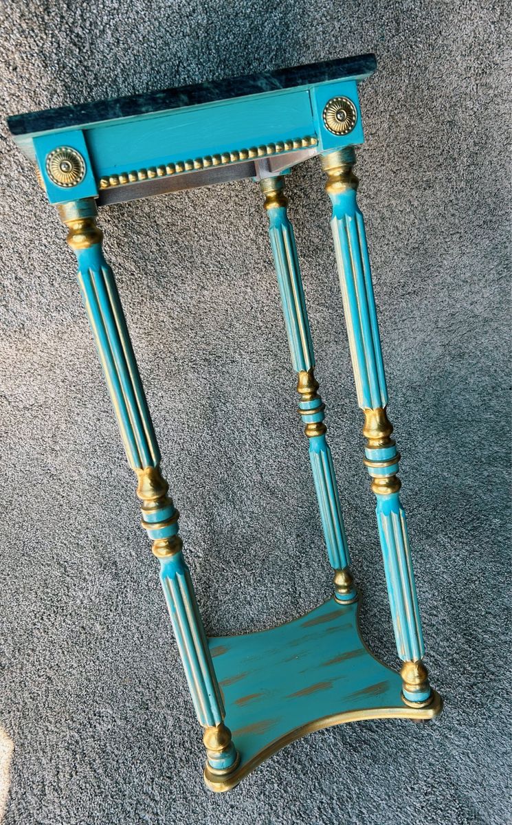 Hand-Refinished Teal and Gold Accent Table with Marble Top