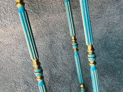 Hand-Refinished Teal and Gold Accent Table with Marble Top