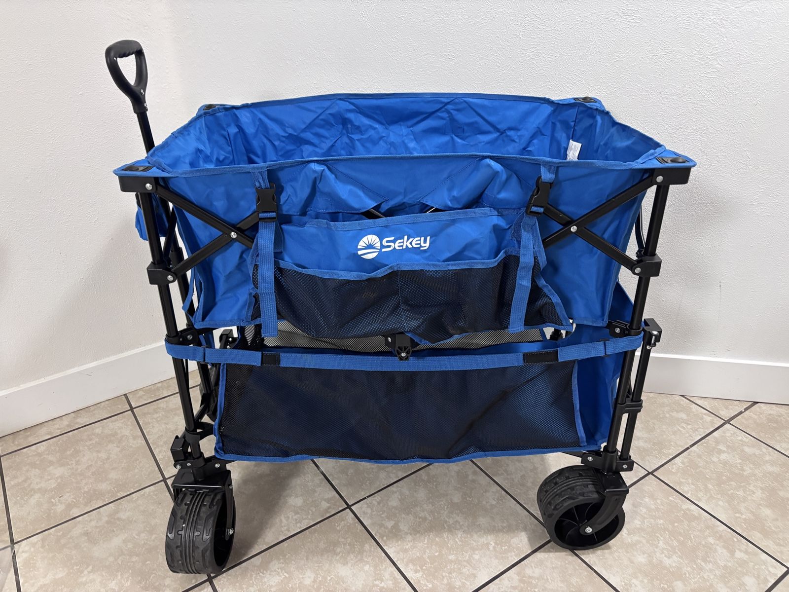 Sekey Double Decker Folding Utility Wagon Blue Collapsible Cart with Drop-Down Tailgate