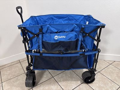 Sekey Double Decker Folding Utility Wagon Blue Collapsible Cart with Drop-Down Tailgate