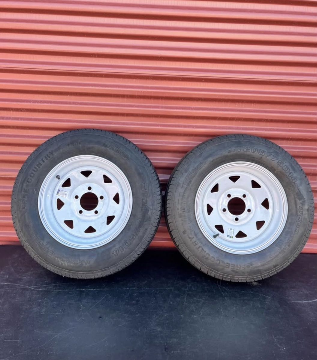 Set of 2 Free Country ST 205/75 D 14 Trailer Tires Mounted on New White Spoke Wheels 5 on 4.5 Lug Pattern.  Brand New 