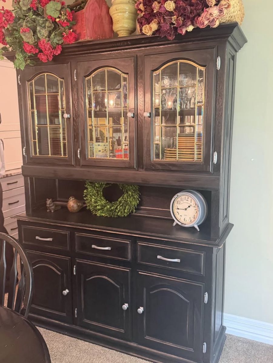 Large Black Hutch and Buffet Dining Room Storage Cabinet with Glass Doors