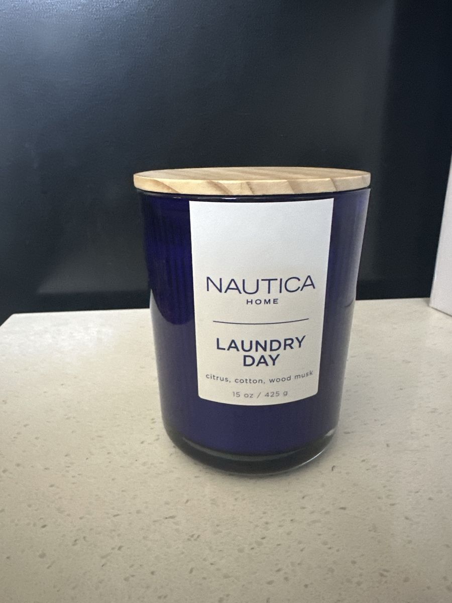 Nautica Home Laundry Day Scented Candle 15 oz - Blue Glass Jar with Wooden Lid