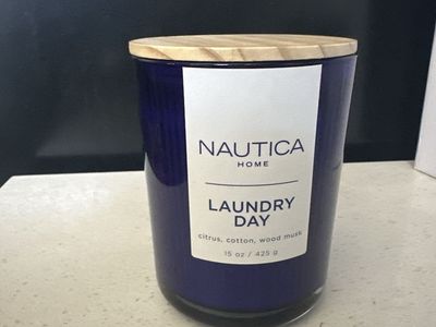 Nautica Home Laundry Day Scented Candle 15 oz - Blue Glass Jar with Wooden Lid