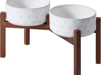 Ceramic Acacia Wood 8.2inch Raised Double-Bowl Set