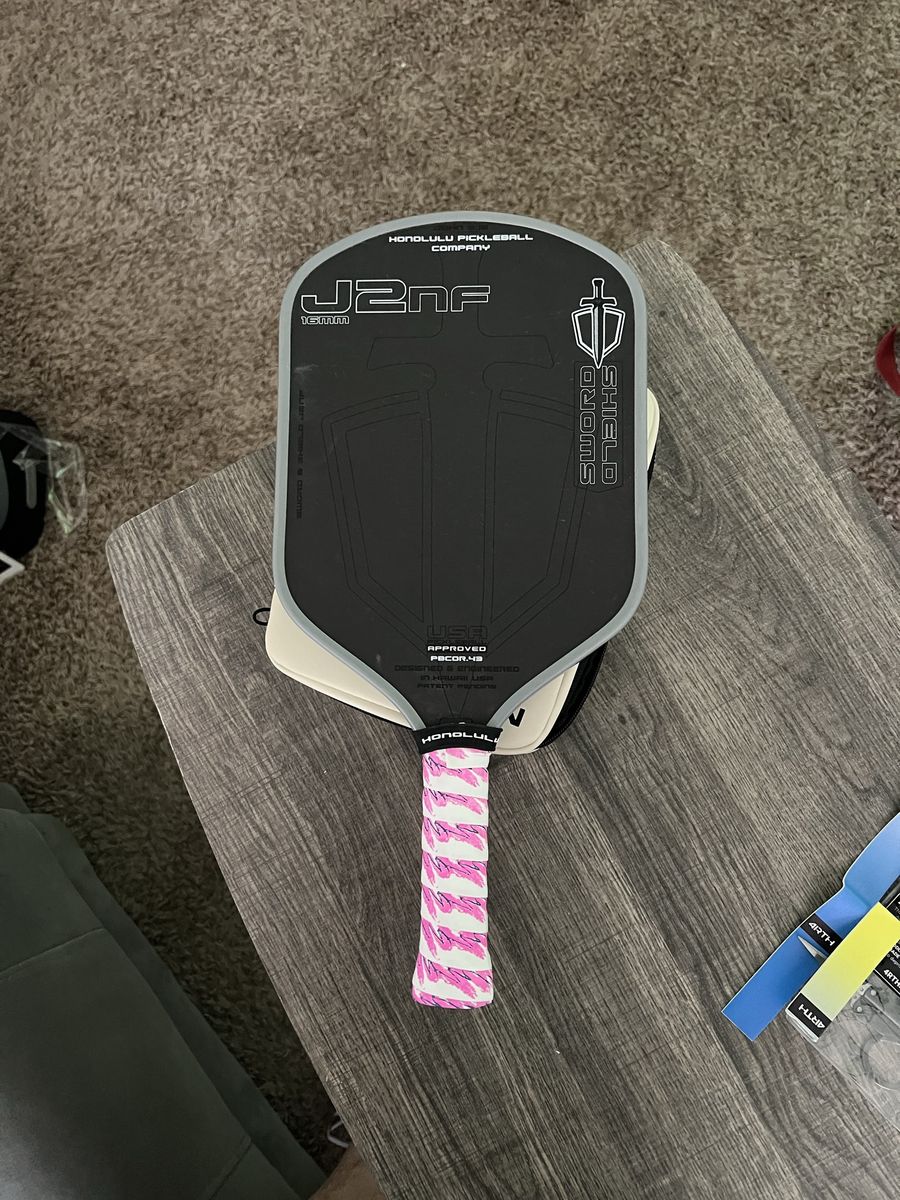 Used Honolulu Pickleball Company J2NF Sword & Shield Pickleball Paddle - Black/White with Pink Grip