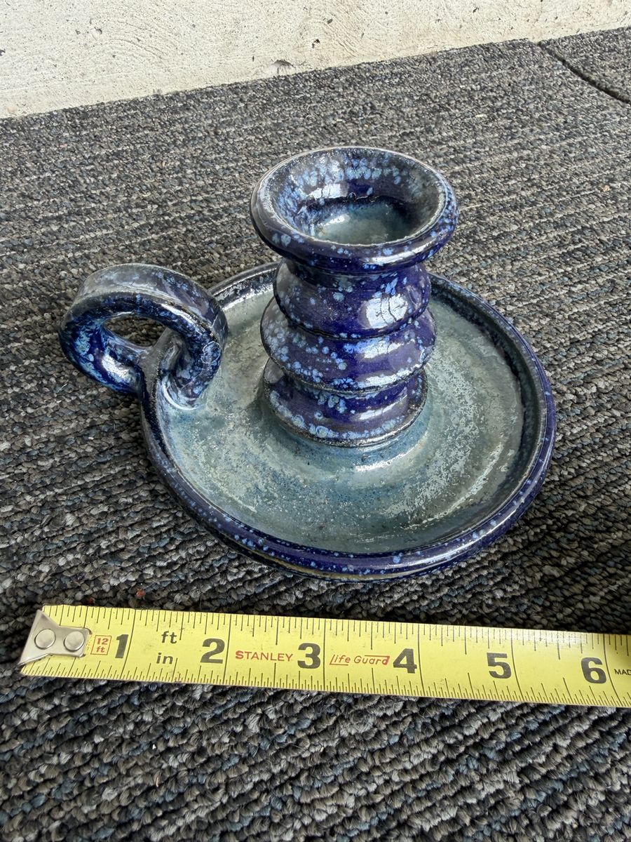 Handmade Blue Glazed Ceramic Chamberstick Candle Holder Signed Joe Van