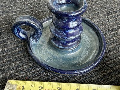 Handmade Blue Glazed Ceramic Chamberstick Candle Holder Signed Joe Van