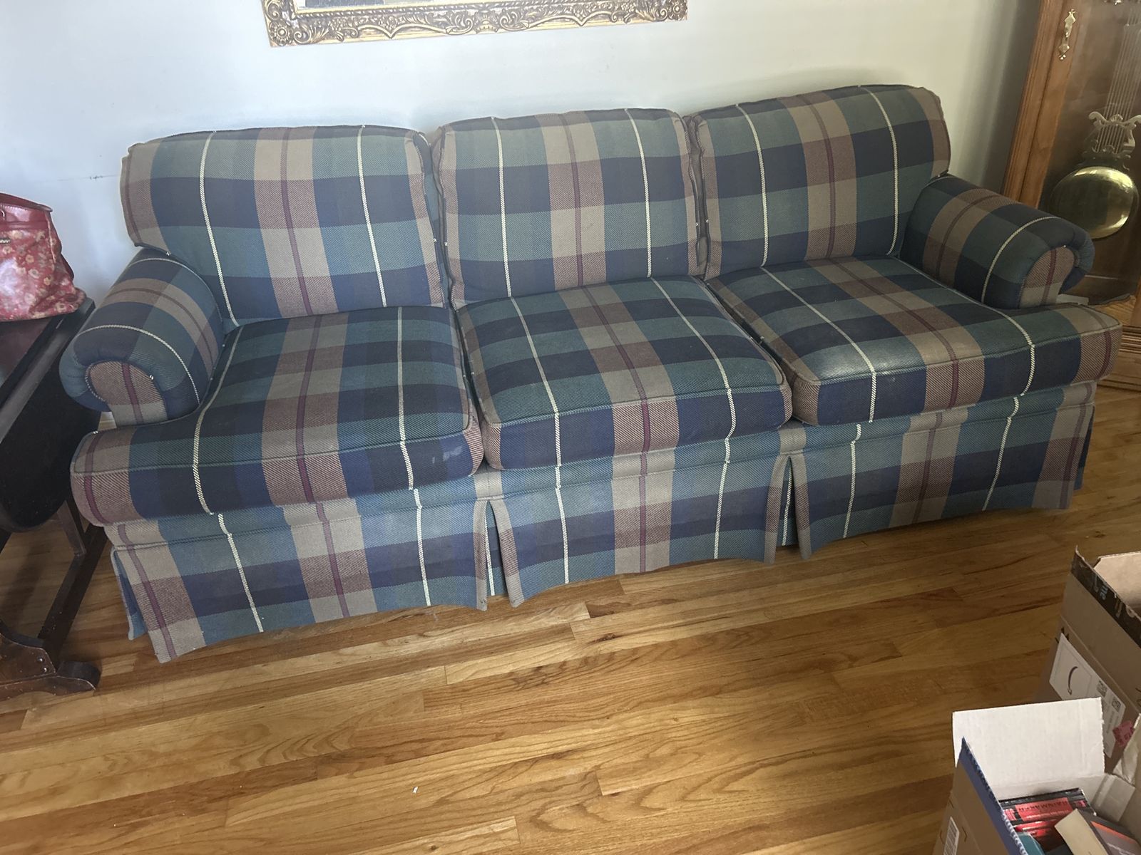 Plaid Sofa Couch - Blue, Green, Brown Plaid Pattern, 3-Seater, Traditional Style