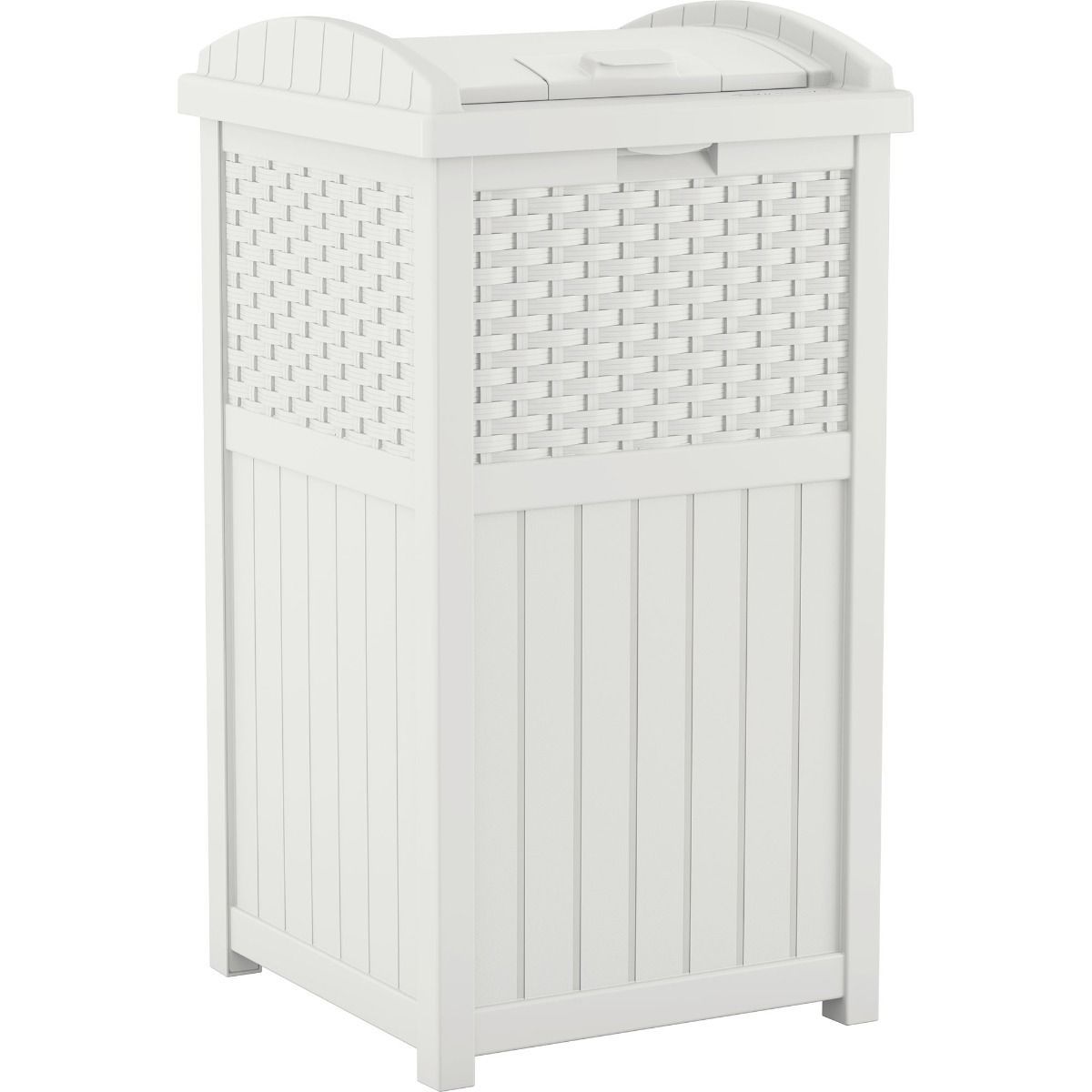 White Resin Outdoor Trash Can with Decorative Wicker Weave Pattern