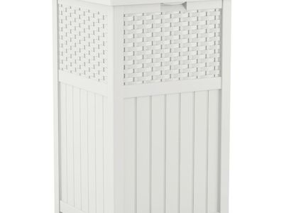 White Resin Outdoor Trash Can with Decorative Wicker Weave Pattern