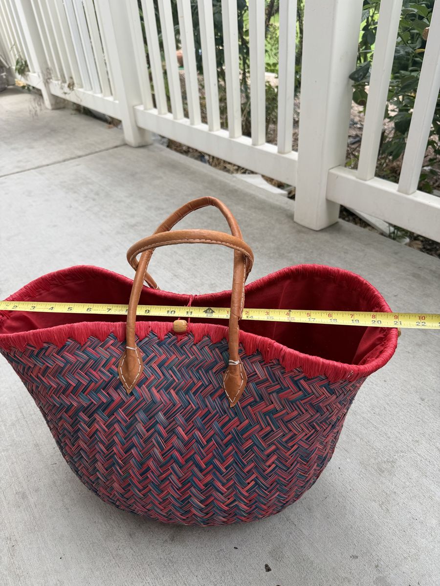 Red & Blue Woven Straw Tote Bag with Leather Handles