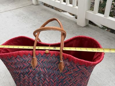 Red & Blue Woven Straw Tote Bag with Leather Handles