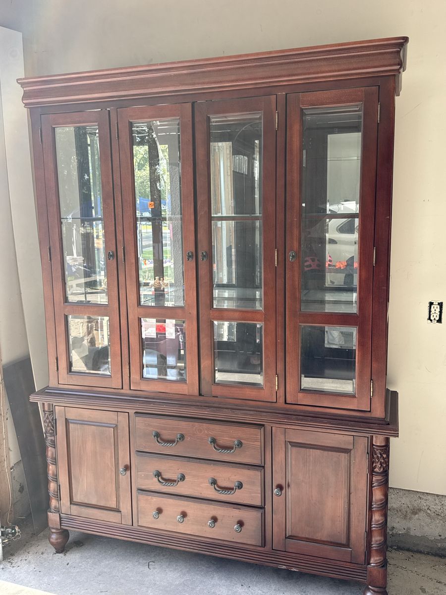 Large Wood China Cabinet with Glass Doors and Drawers