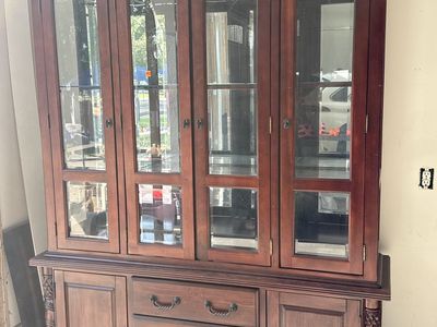 Large Wood China Cabinet with Glass Doors and Drawers