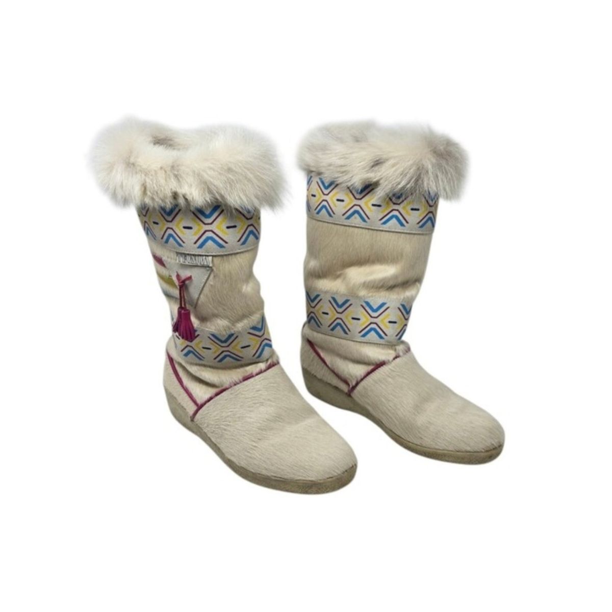 Vintage Tecnica Italy Cream Fur Après Ski Boots US 8.5 Southwestern Tassels