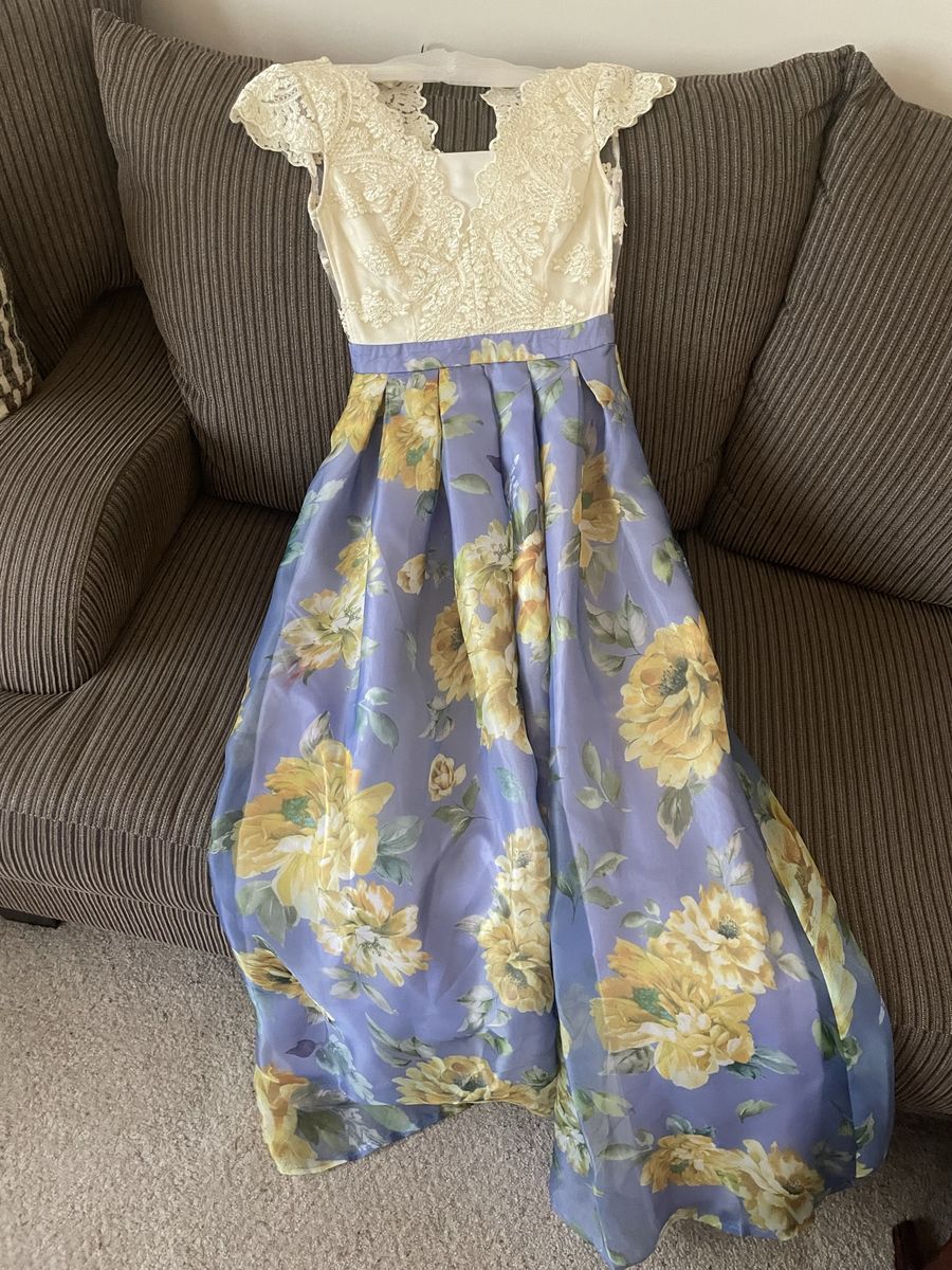 Beautiful Cream Lace and Blue Floral Gown