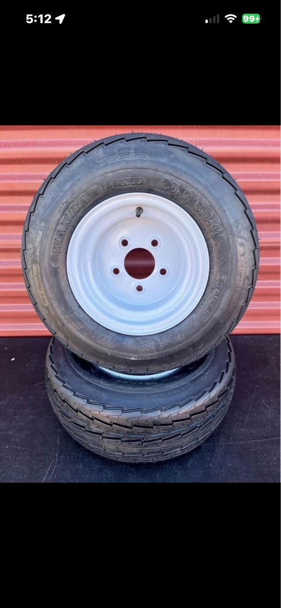 Set of 2 Wanda ST 20.5 X 8.0 - 10 Snowmobile Trailer Tires Mounted on New Wheels Super Duty 10 Ply E Load 5 on 4.5 Brand New