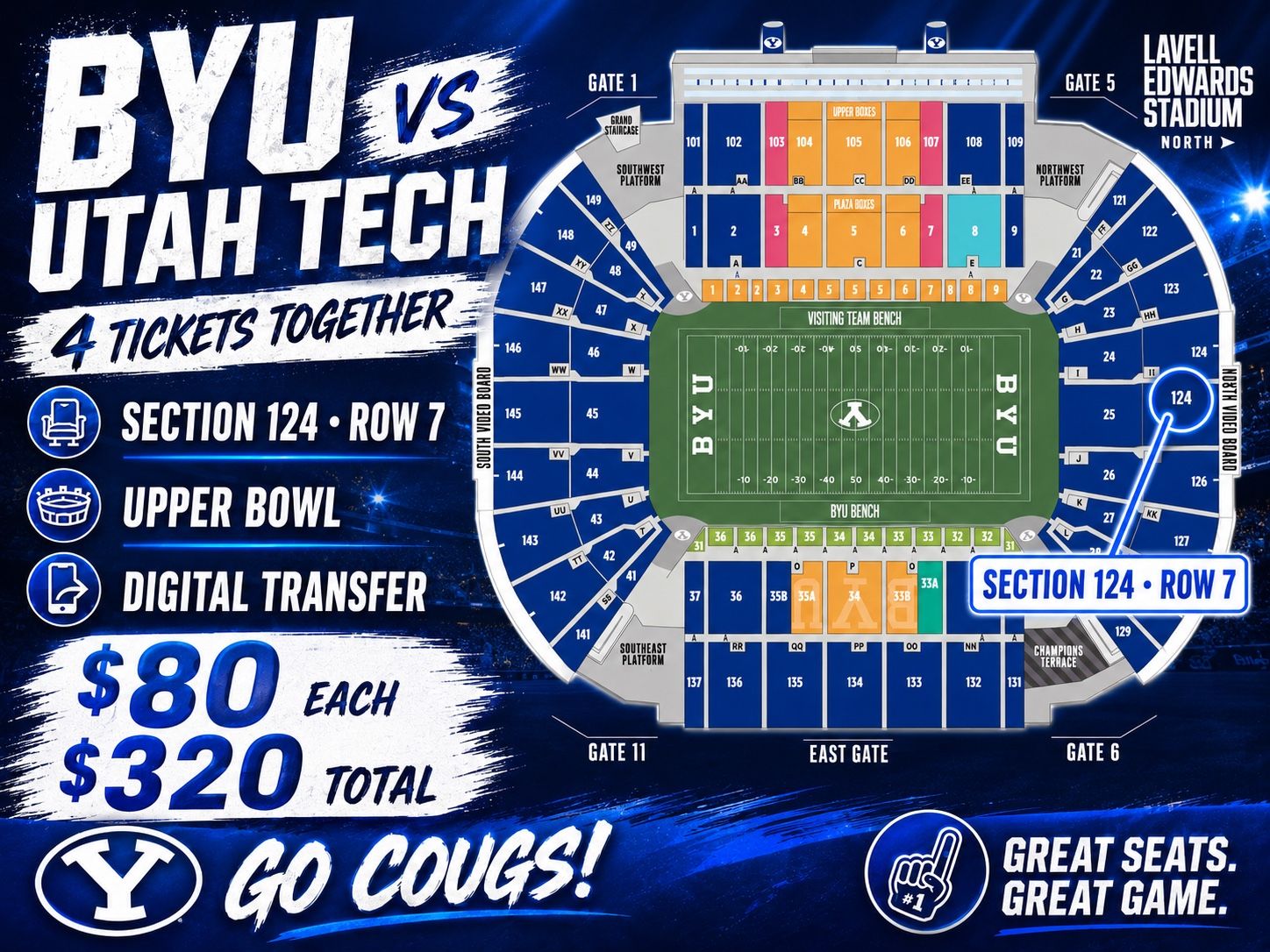 BYU Football vs Utah Tech - 2 or 4 Tickets - Section 124, Row 7