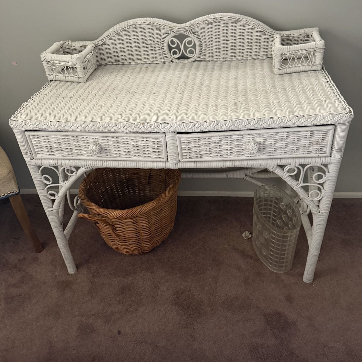 Wicker White Writing Desk Drawers Vintage Glam Boho Girls Vanity 2 Cubbies
