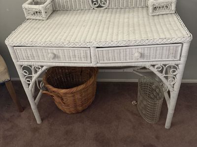 Wicker White Writing Desk Drawers Vintage Glam Boho Girls Vanity 2 Cubbies