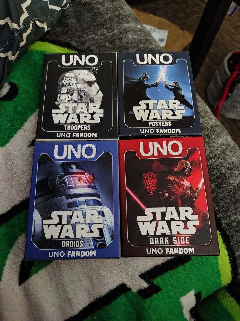 **Sealed** Mattel UNO Fandom Star Wars Card Game Set of 4 Decks - Troopers, Posters, Droids, Dark Side.