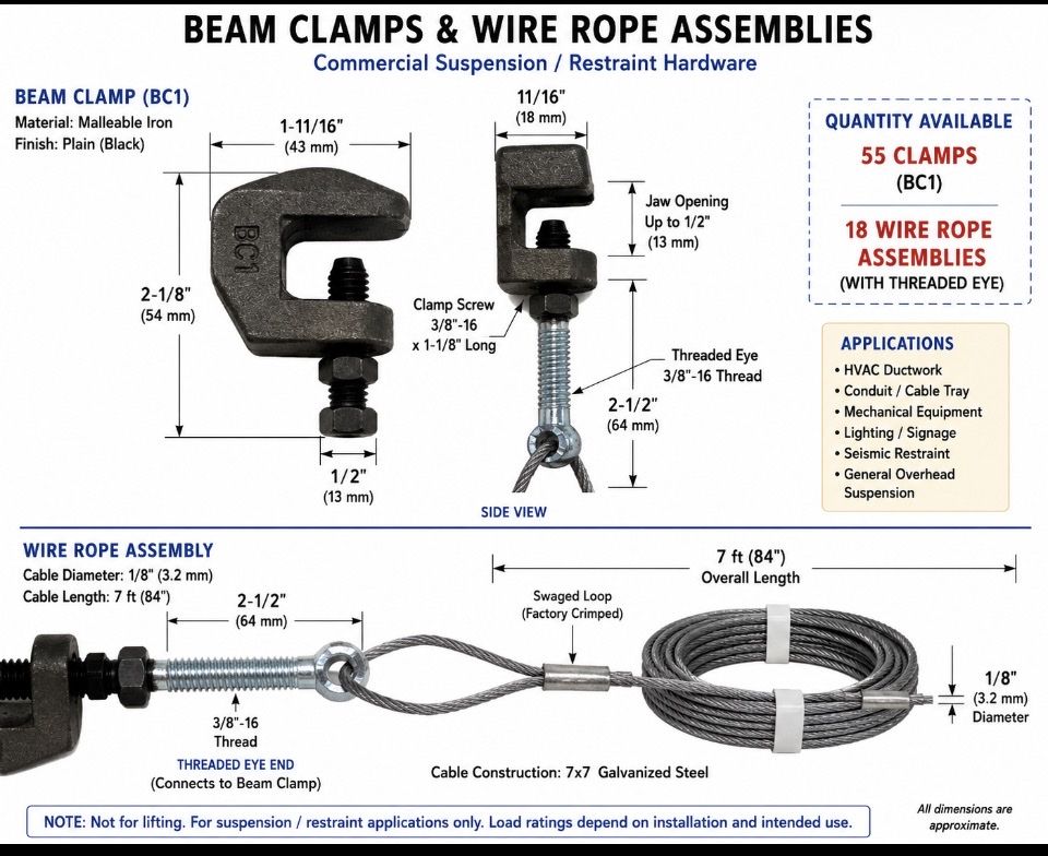  450 obo 55 BC1 Beam Clamps + 18 Wire Rope Cable Assemblies – Commercial Hardware