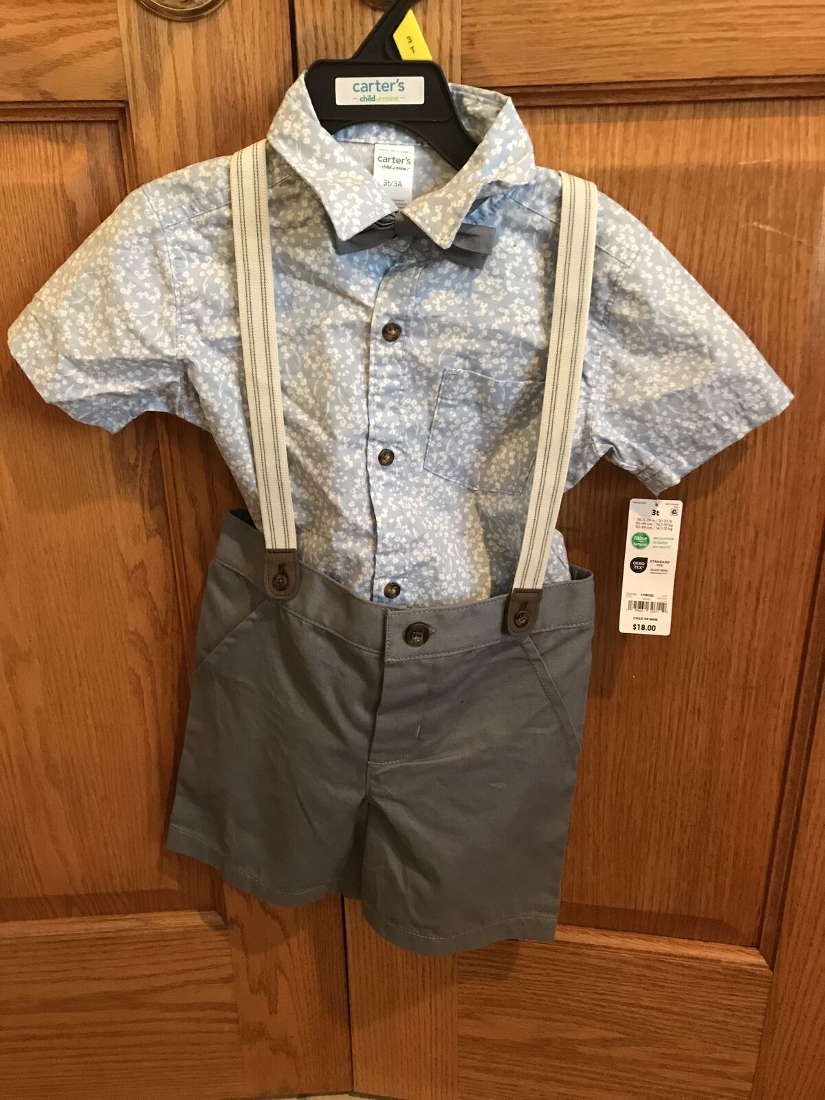 Carters 3 Piece Shorts, Shirt, Suspenders, Bow Tie Size 3t, New, Gray & Blue