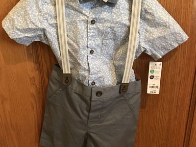 Carters 3 Piece Shorts, Shirt, Suspenders, Bow Tie Size 3t, New, Gray & Blue