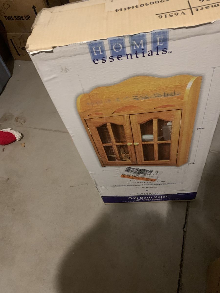 HOME essentials Oak Bath Valet with Glass Doors - New in Box Wall Cabinet