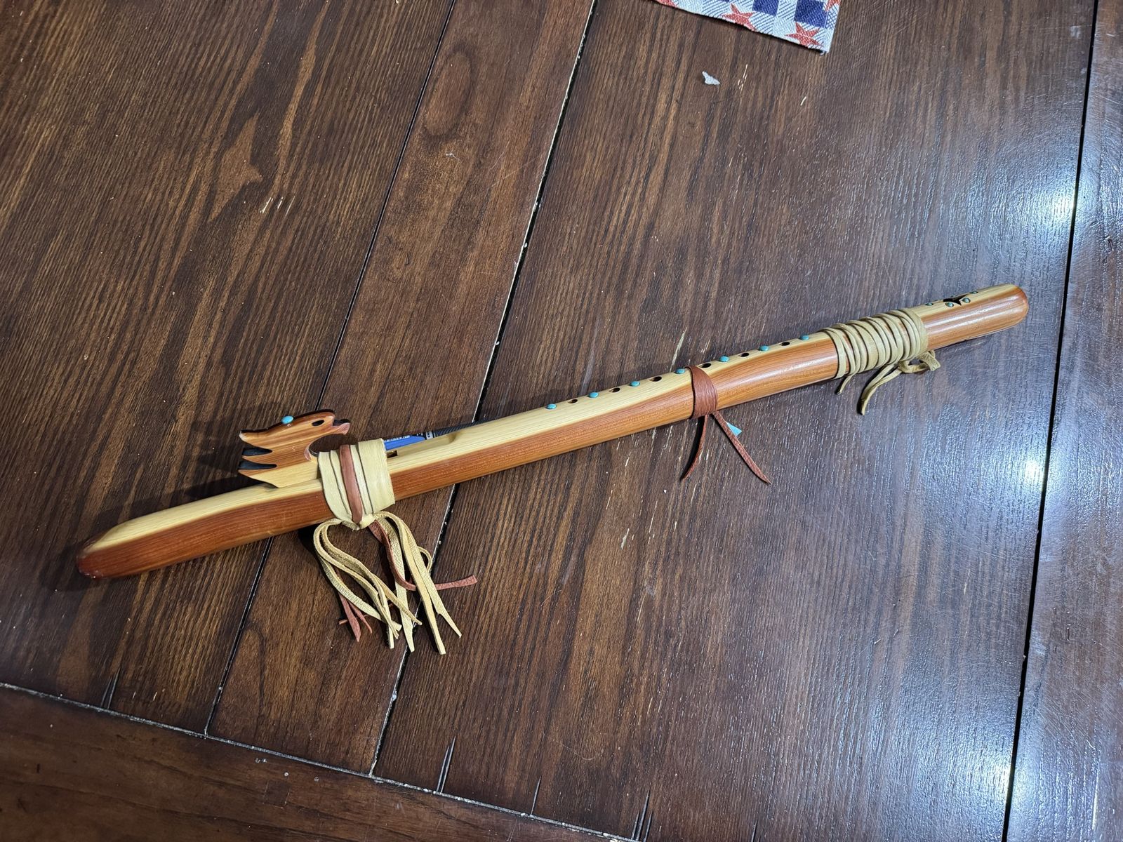 Native American Style Wood Flute with Turquoise Inlay - Traditional Musical Instrument