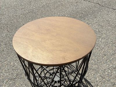 Round Wood Top Side Table with Black Geometric Metal Base