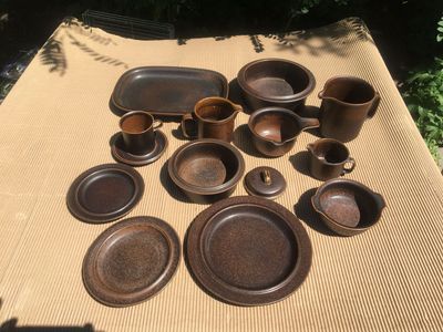 Arabia Finland. Vintage Mid-Century Modern Brown Ceramic Dinnerware Set - 30+ pieces.