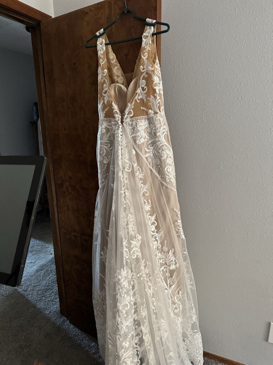 V-Neck Lace Overlay Wedding Dress with Nude Lining and Train