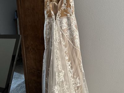 V-Neck Lace Overlay Wedding Dress with Nude Lining and Train