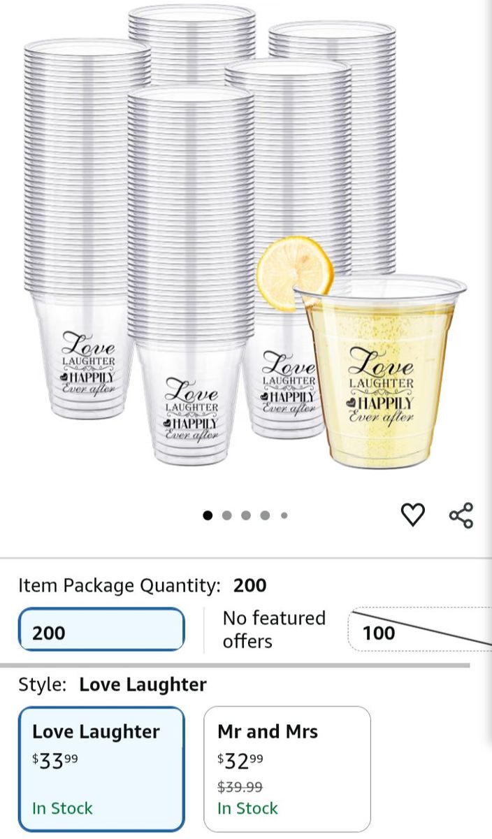 200-pack plus 50 bonus "Love Laughter Happily Ever After" Clear Disposable Party Cups