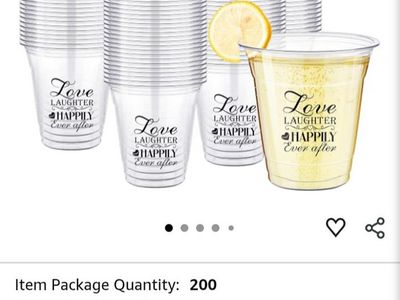 200-pack plus 50 bonus "Love Laughter Happily Ever After" Clear Disposable Party Cups