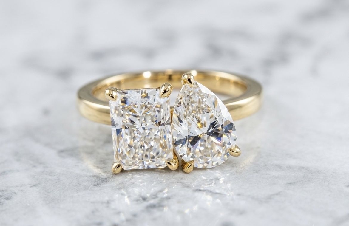 18K Yellow Gold Pear & Radiant Moi et Toi Ring | 2.66 CTW Lab Diamonds | E Color VVS Size size 5.75