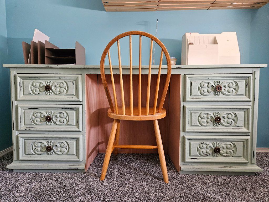 Shabby Chic Teal Distressed Desk with Ornate Drawers - Rustic Wooden Home Office Furniture