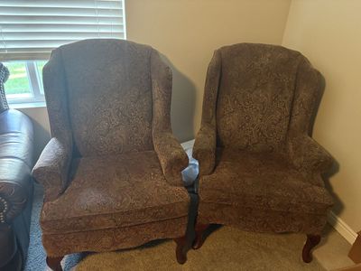Pair of Patterned Fabric Wingback Armchairs