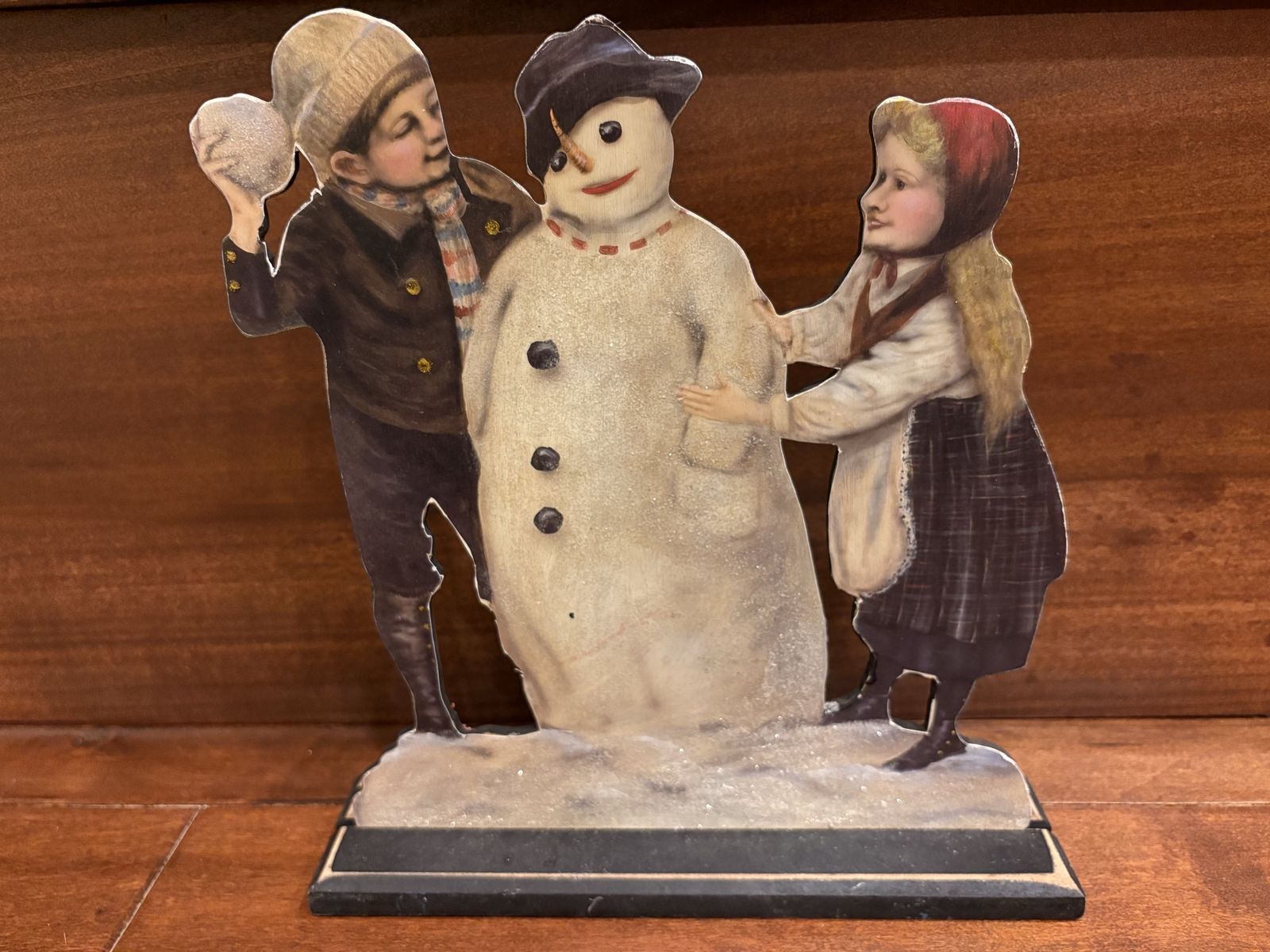 Vintage Style Snowman Picture on Wood Stand